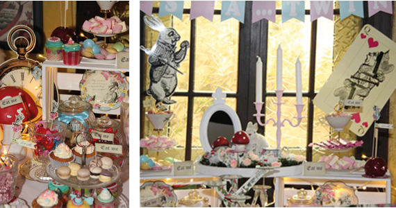 Photo Booth Probs zieren in Form von Hase und Tarot Karten den Sweet Table der Alice im Wunderland Babyparty