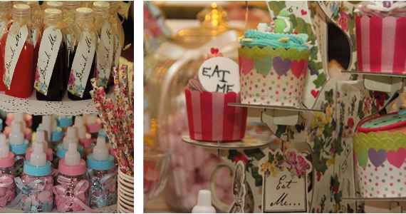 Muffins und Getränke in hübsch abgefüllten Flaschen entführen in die Welt der Alice im Wunderland