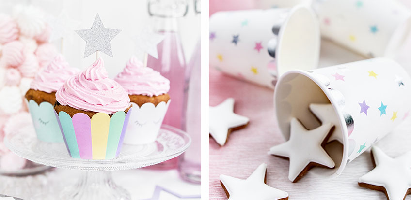 Dekoriere zum 1. Geburtstag Cupcakes mit Stern-Topper oder fülle Kekse in Sternchen-Becher