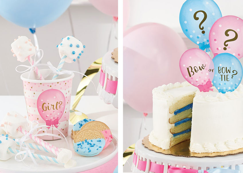 Marshmallow-Pops und eine Torte mit Streifen Füllung werden die Gäste eurer Gender Reveal Party begeistern