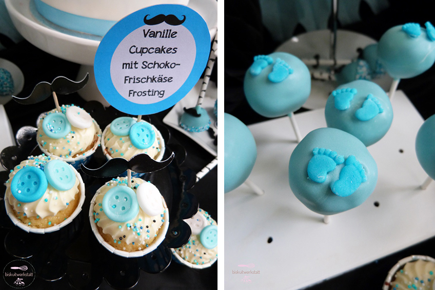 Süße Baby-Cakepops und Cupcakes mit Baby-Boy-Motiven  (c) Mareike Winter - Biskuitwerkstatt