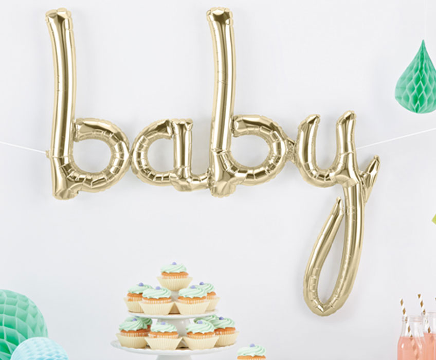 Mit dem "Baby" Script-Ballon in Metallic Gold glänzt deine Party