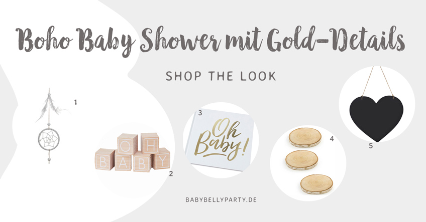 Shop the Look: Natürliche Boho-Elemente und goldene Details für die Baby Shower